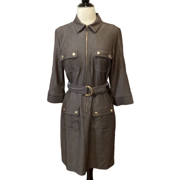 Sharagano Safari Shirt Utility Belted Dress Brown 6 - Picture 2 of 9